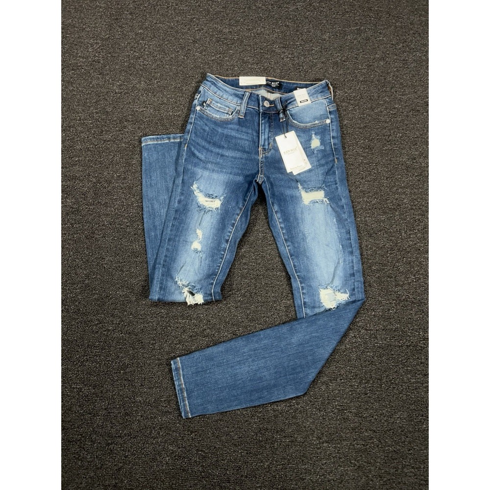 New Judy Blue Jeans Women's 0/24 Blue Denim Mid Rise Skinny Stretch Distressed